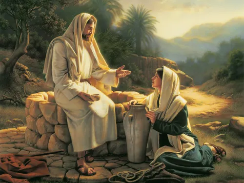 Jesus Christ teaching a Samaritan woman at a well