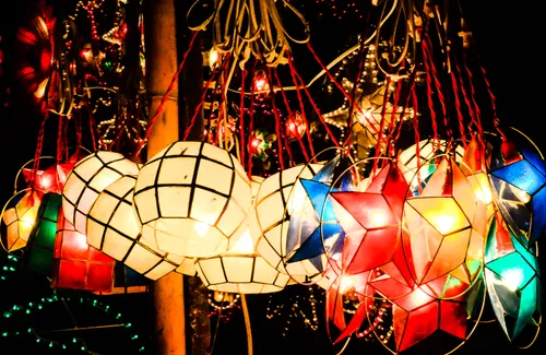 Lighted, colorful lanterns.