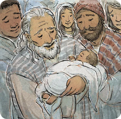 Mary and Joseph looking at the baby Jesus lying in a manger with barn animals around them.