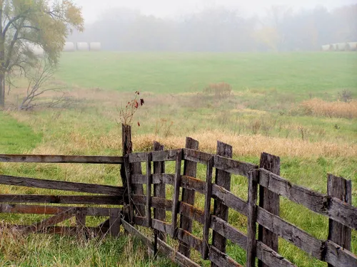 Fields with a wooden fence in the foreground.