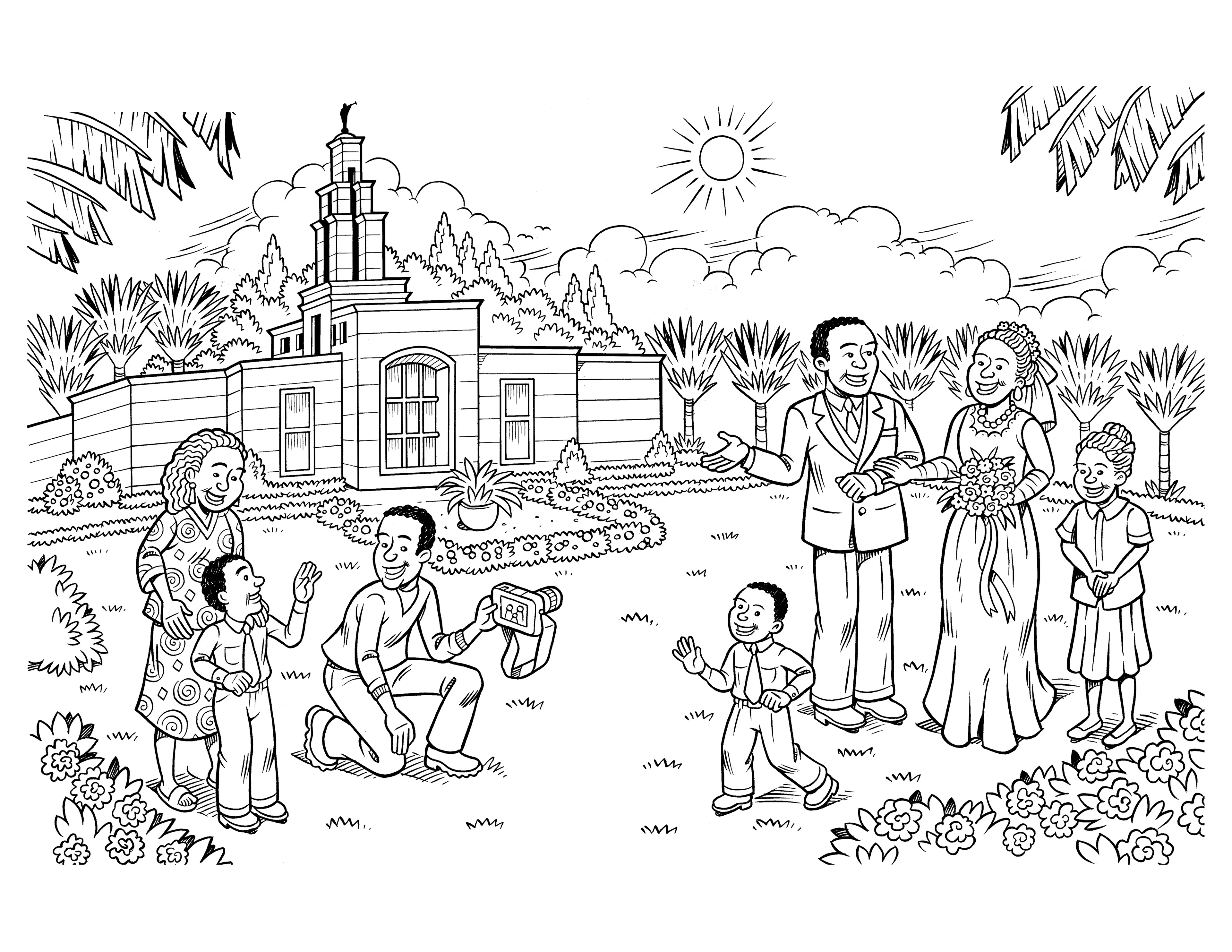 A bride and groom stand outside of a temple while their picture is being taken.