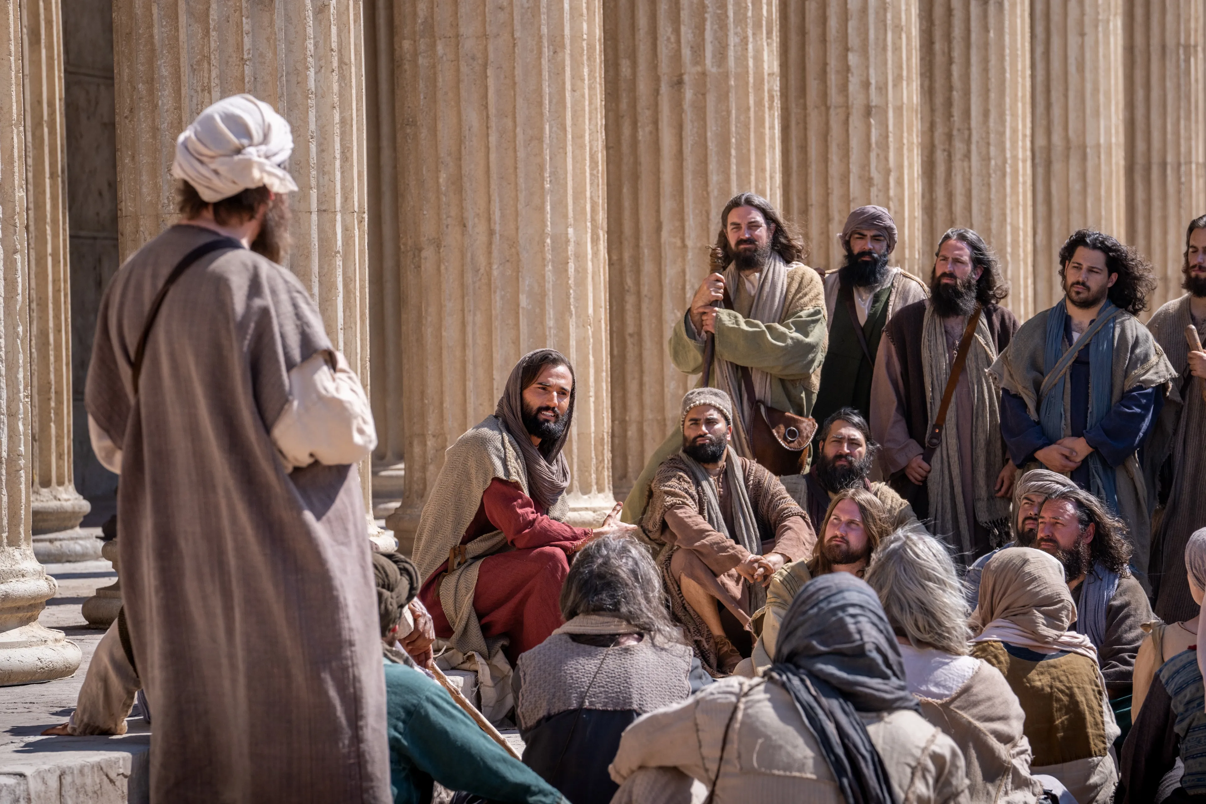 Jesus Christ teaches a small group near Jerusalem. With Him are Thomas, Simon, Peter, Philip, Andrew, John, James, Matthew, Bartholomew, Thaddeus, James son of Alpheus, and Judas.