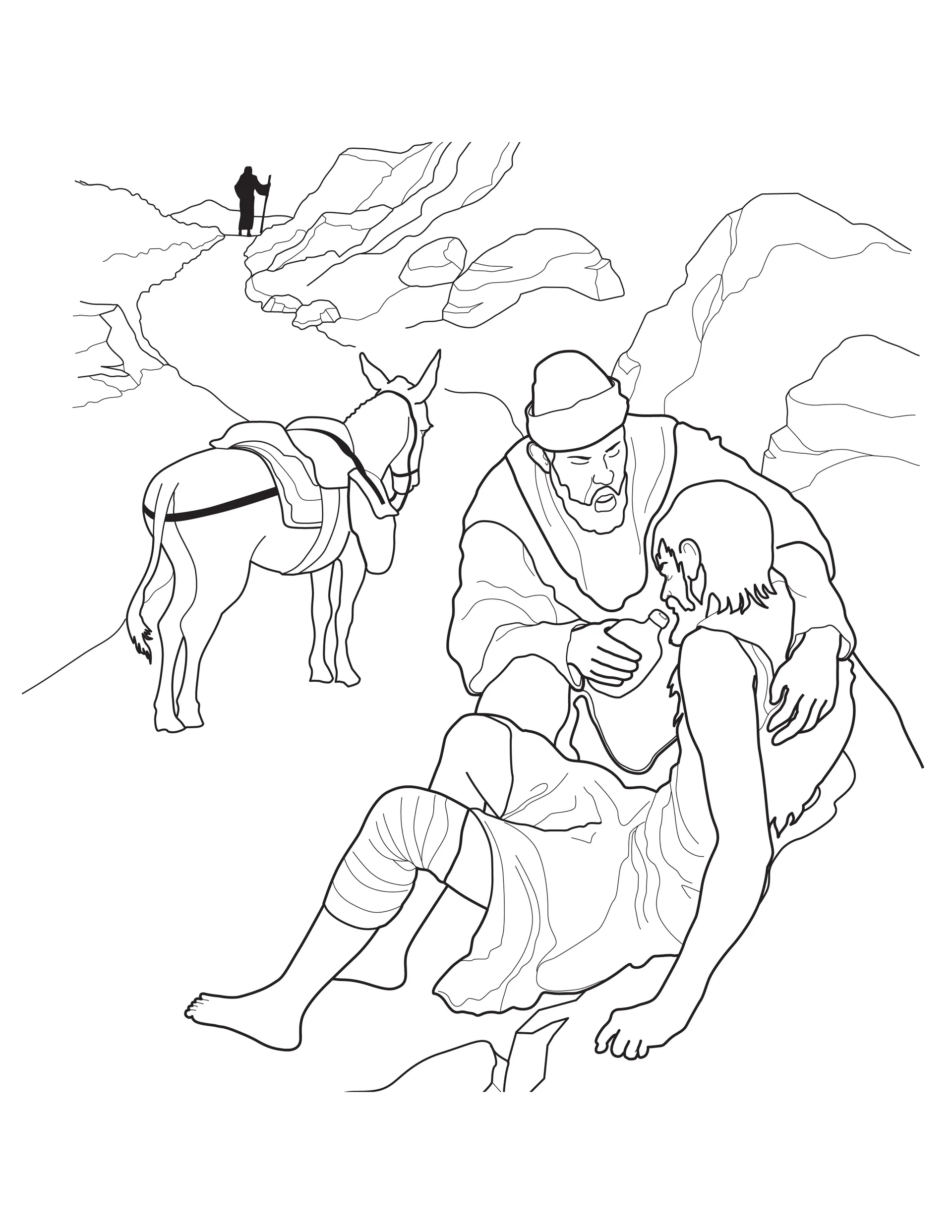 A good Samaritan helps an injured man on the side of the road.