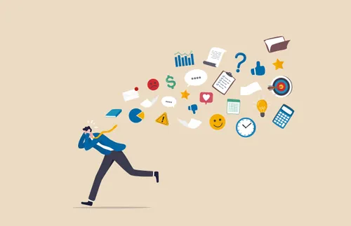 a stressed man running away from different distractions