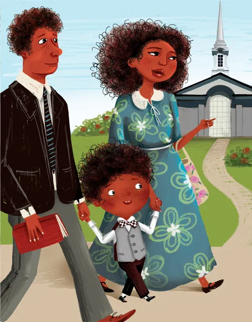 boy walking to church with mom and dad