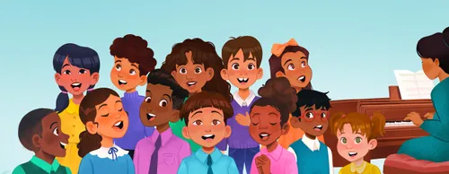Primary children singing at a sacrament meeting. A mix of boys and girls of different ages and ethnicities. An adult woman is playing the piano in the background.