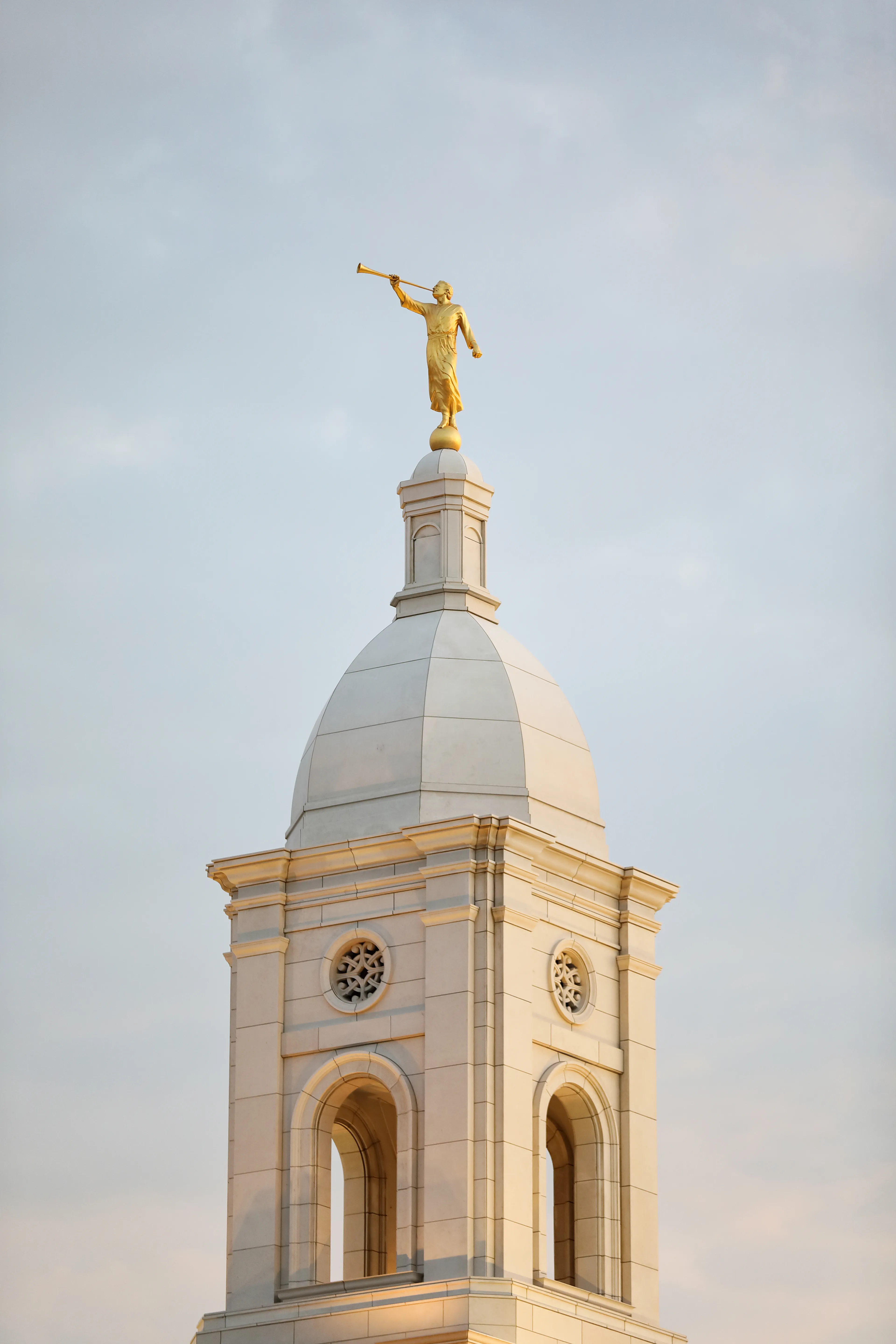 A close-up of the spire and the angel Moroni statue on the Barranquilla Colombia Temple.