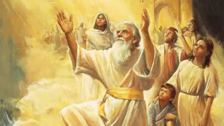 A painting by Del Parson showing Enoch surrounded by the people of his city on a large cloud being raised into the air.