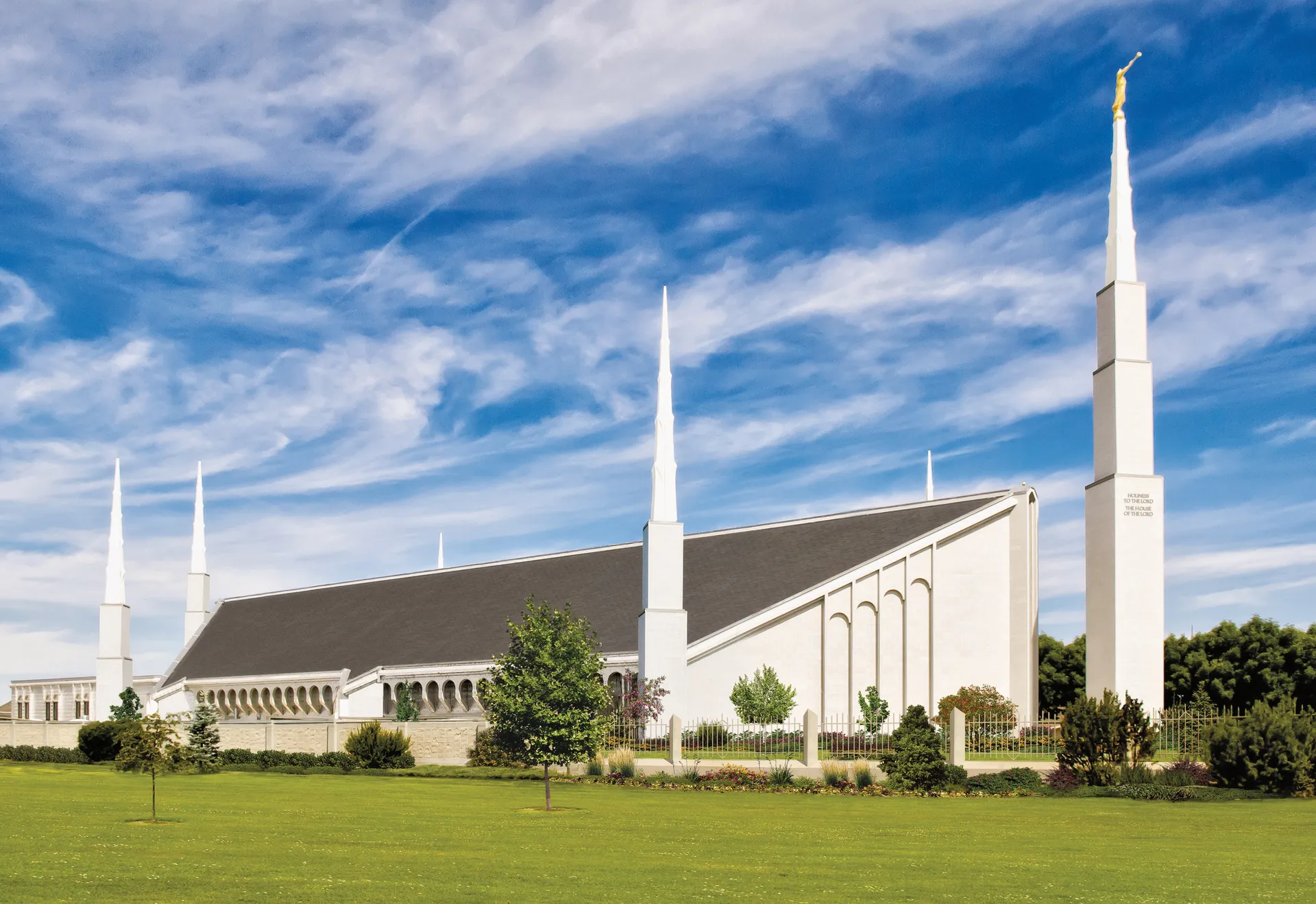 One side of the Boise Idaho Temple, surrounded by six spires.