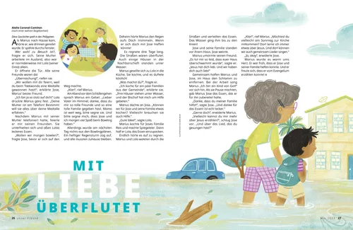 PDF: Ein Junge wird von seiner Oma und seinen Freunden überrascht; der Junge und seine Oma waten durch eine überflutete Straße