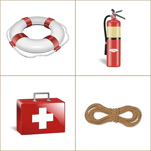 life ring, fire extinguisher, first aid kit, rope