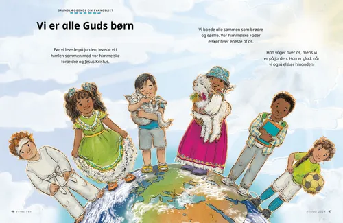 PDF-side med en illustration af børn, der står på en globus klædt i traditionelt tøj fra forskellige lande