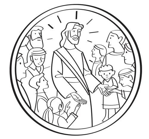 Illustration au trait représentant Jésus-Christ avec des enfants