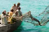 men casting fishing net into the sea