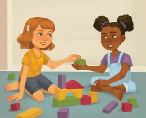 A girl sharing blocks with another girl