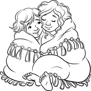 母亲和孩子同盖一件毯子