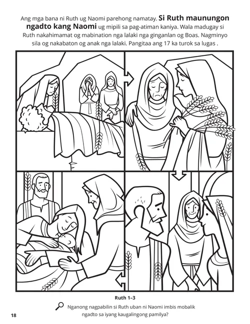 PDF nga koloranan nga pahina sa mga eksena gikan sa kinabuhi ni Ruth ug ni Naomi