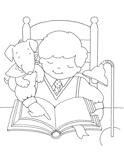 An illustration of a boy sitting in a chair at a table and reading from his scriptures, with a lamp on one side and his dog on the other.