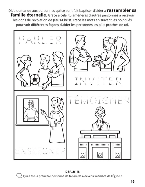 Coloriage au format PDF d’enfants parlant de l’Évangile à d’autres personnes