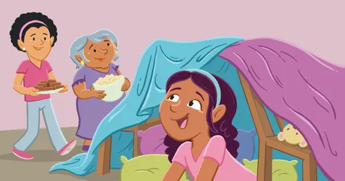 Margo in the fort; Mom and Grandma are bringing food into the room