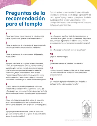 PDF de preguntas de la recomendación para el templo