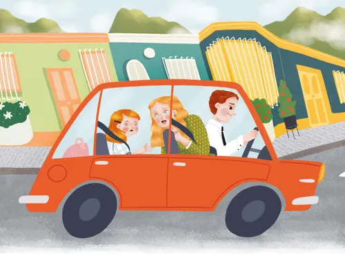 family driving car through street in Caracas