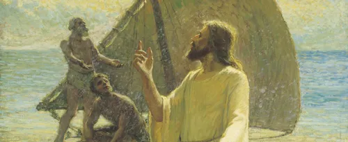 Christ with His arm raised calling Peter and Andrew from a small fishing boat with the sail raised.