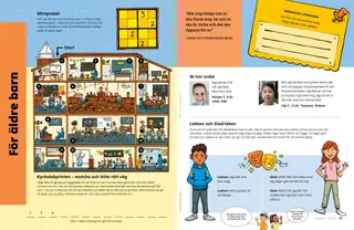 pdf-sida med en labyrintaktivitet som visar olika rum i en kyrkobyggnad, ett sifferpussel och en pojke och en flicka med ledsna och glada ansikten