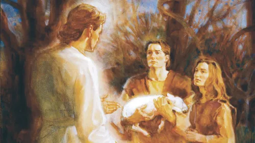 an angel appearing to Adam and Eve as they prepare to offer a lamb as a burnt offering