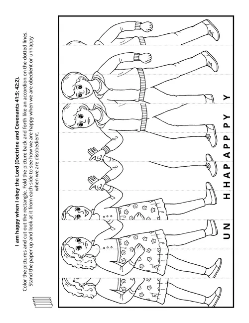 Coloring picture of boy and girl folded in half that depicts obedience brings happiness.