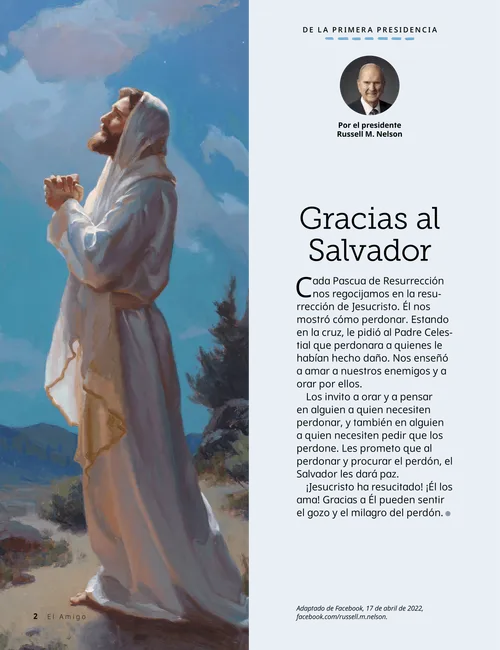 PDF de una página con una ilustración de Jesucristo orando, además de una actividad para colorear de niños felices al aire libre con el sol brillando
