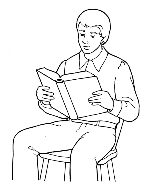 A black-and-white illustration of Joseph Smith as a young man sitting on a stool and reading from a large Bible that he's holding in both hands.