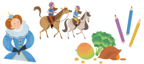 1. A map of Great Britain: With the Preston England Temple,  London England Temple, and Icon landmarks around the country to create an England feel. The background would extend behind the blocks of type, see rough layout. The dimensions include the background. 2. An Envelope 3.  Two girls, Lucia (age 7) and Vivie (age 9), riding horses together. 4. Collage of Mangos, Sweet potatoes, Broccoli 5. Queen Elizabeth 6. Three colored pencils: (Turquoise, purple and yellow)