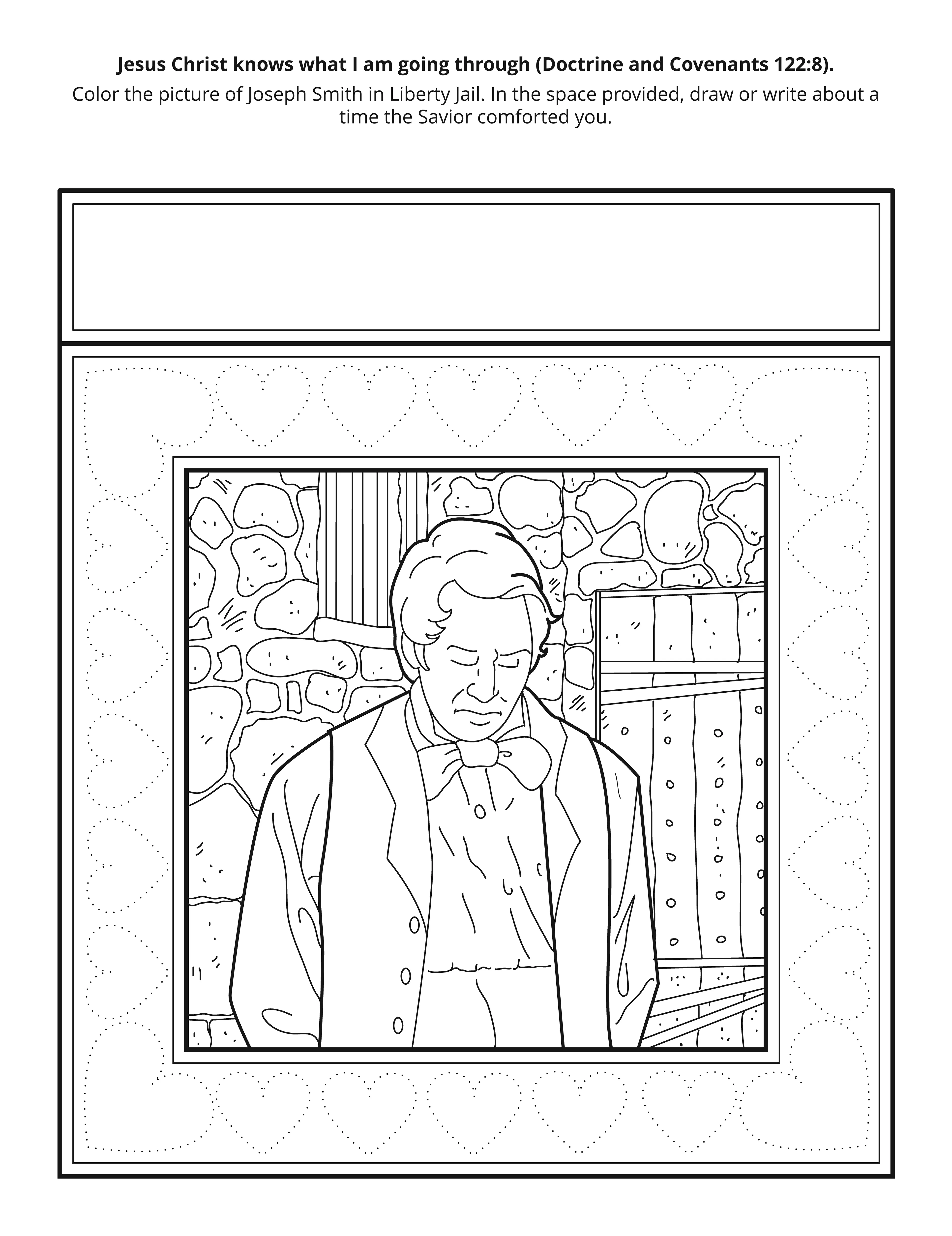 Coloring picture depicting Joseph Smith in Liberty Jail. © undefined ipCode 1.