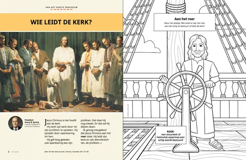 Pdf met illustratie van Jezus Christus en zijn apostelen; en een kleuractiviteit waarbij Jezus aan het roer van een schip staat