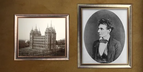 Photographs of the Salt Lake Temple and Abraham Lincoln.