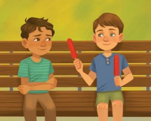 A boy sharing an ice pop with another boy