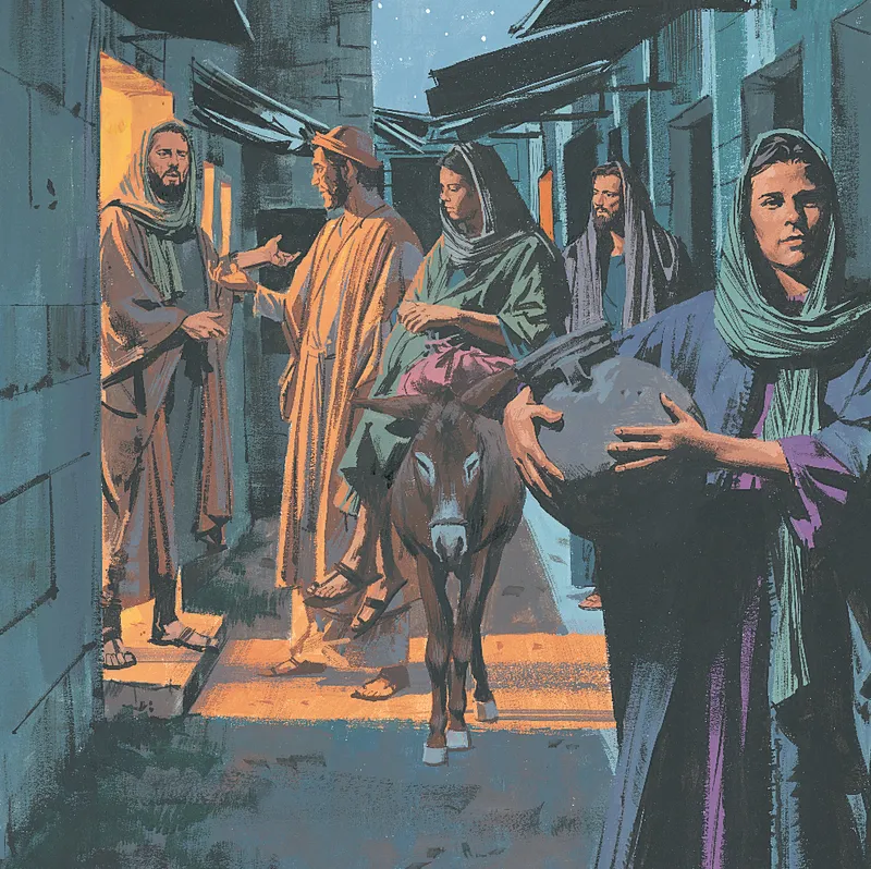 An illustration of Mary and Joseph looking for room in an inn.