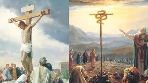 Jesus on the cross; Moses pointing to the serpent on his staff