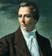 Half-length frontal portrait of the Prophet Joseph Smith, Jr. Joseph's head is turned to the side in a three-quarter view, right hand on hip and his left hand holds sheets of papers. He is depicted wearing a dark brown suit and a white shirt and tie.