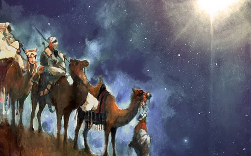 The Wise Men traveling with camels toward Bethlehem. The Star of David shines above.