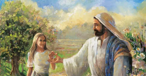 Jesus reaching out to a woman