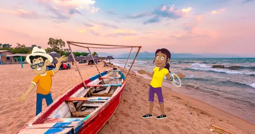 Margo and Paolo standing on the beach during sunset