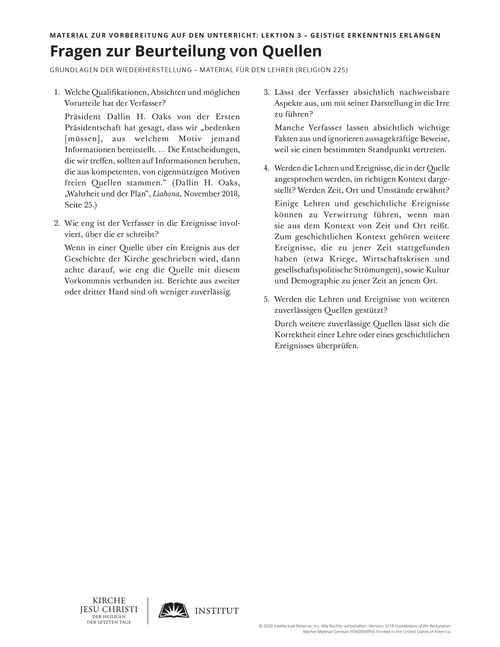 Arbeitsblatt „Fragen zur Beurteilung von Quellen“