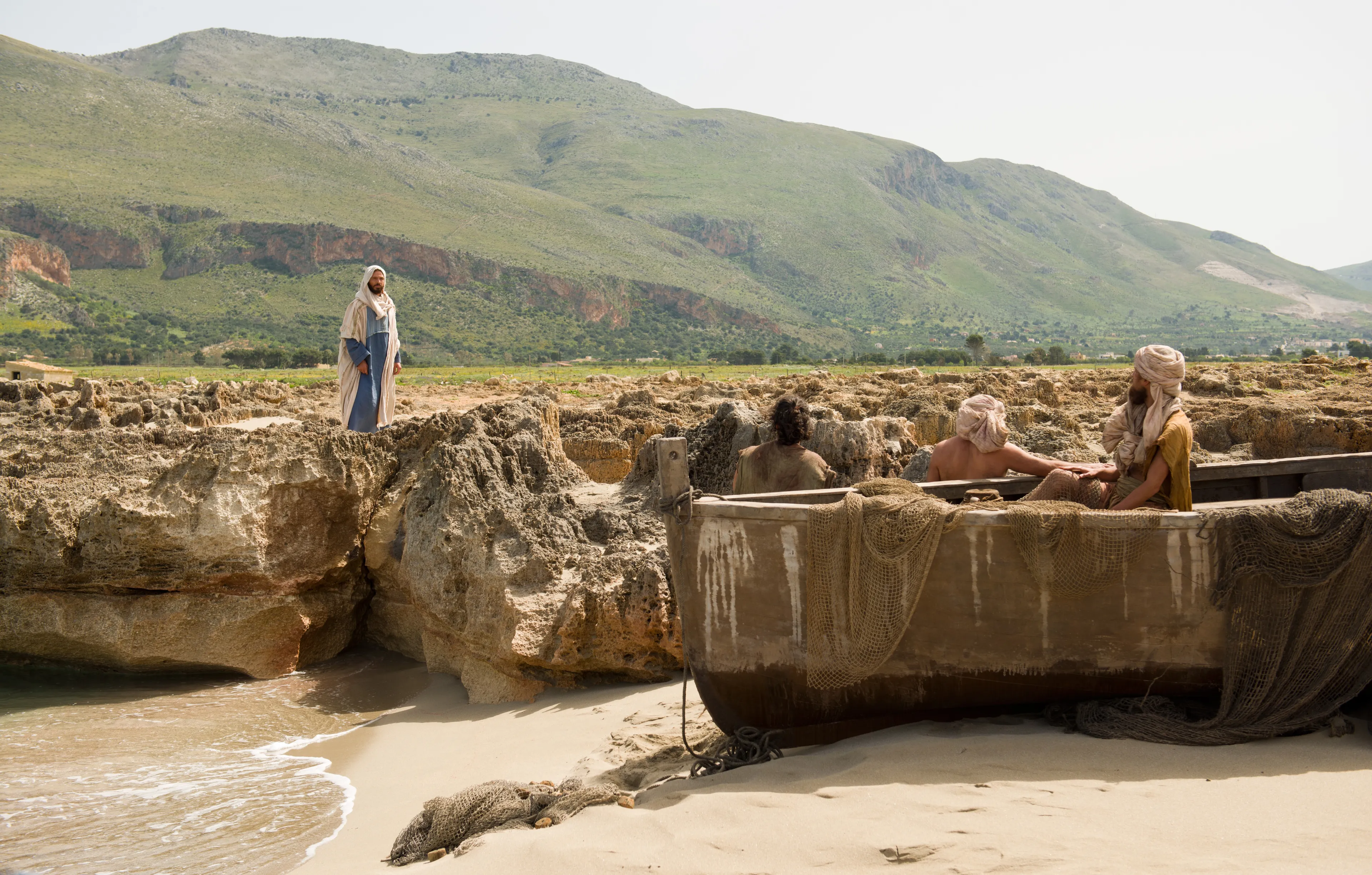 When they realize it is Christ on the shore, the disciples come back to shore to greet Him.