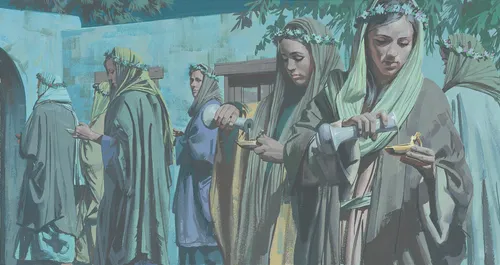 The five wise virgins put extra oil in their lamps while the five foolish go to find more oil - ch.47-4