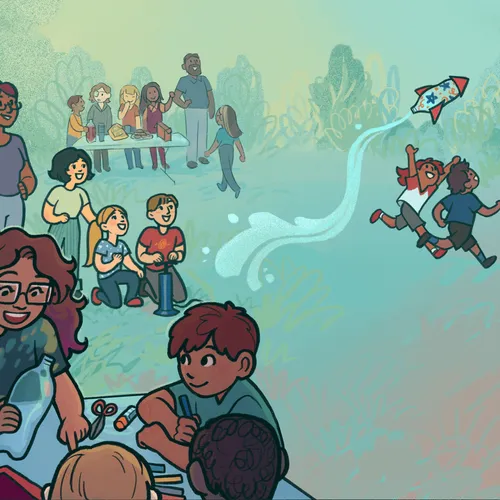 young women and young men at activity with rockets