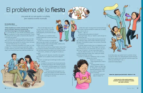 Página para colorear en PDF de una niña con sus amigas, sentada con sus padres, orando y celebrando con sus padres