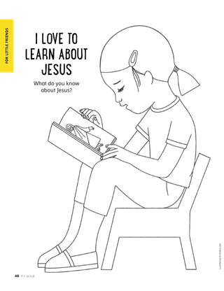 coloring page of young girl looking at a book about Jesus