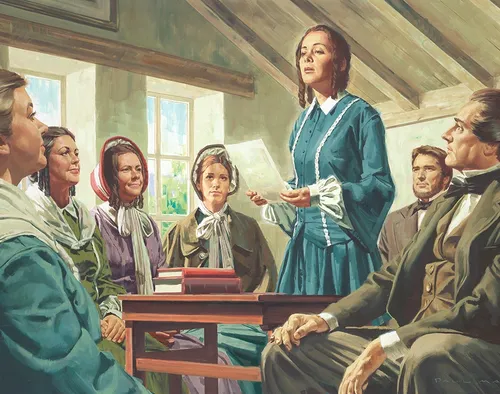 Painting depicts Emma Smith reading from a paper during the organization of the Relief Society.